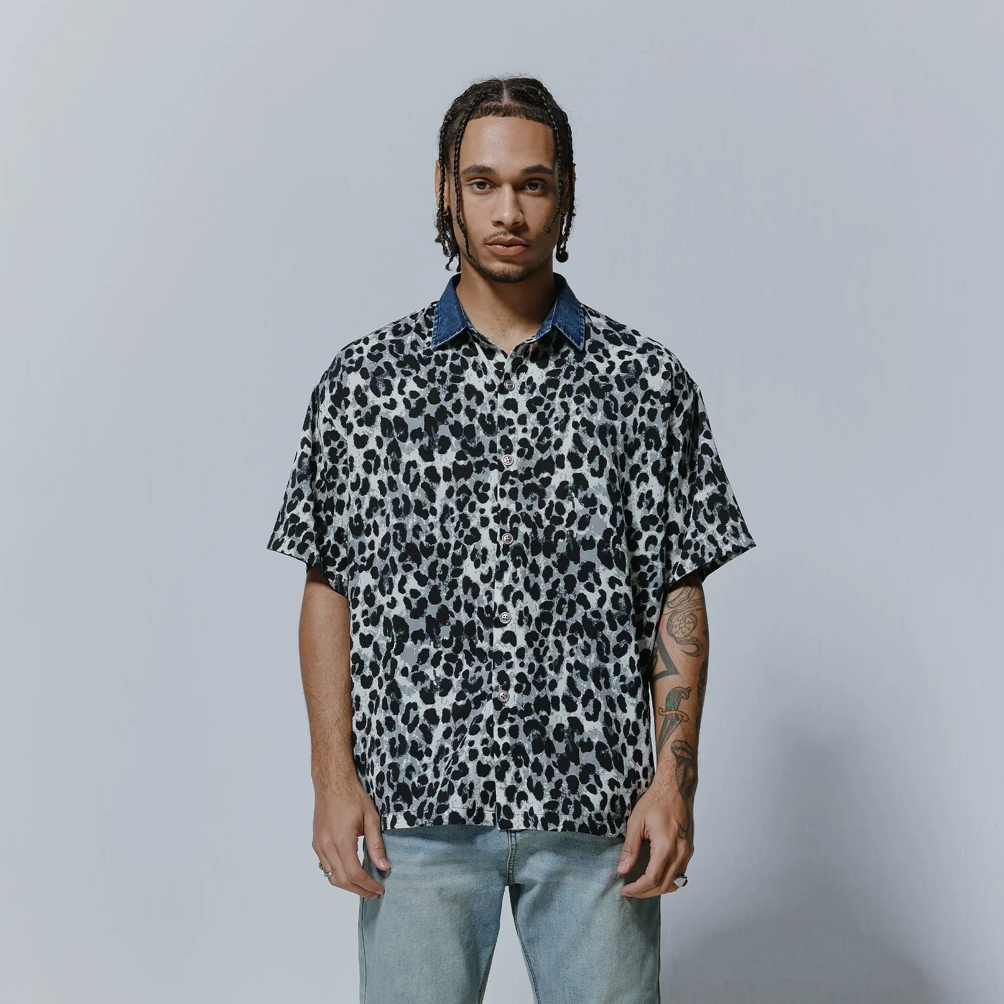 Leopard Print Spread-Collar Short Sleeve Shirt