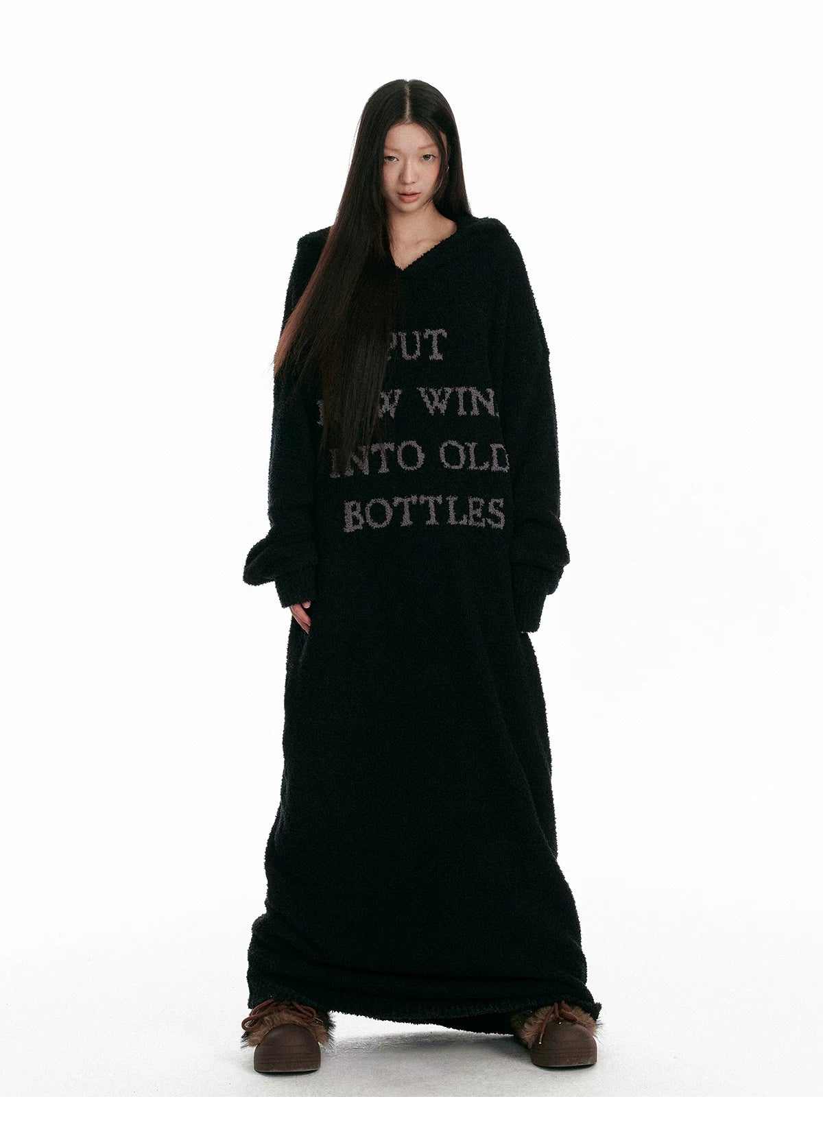 Fuzzy Hooded Knit Over-Knee Robe Dress