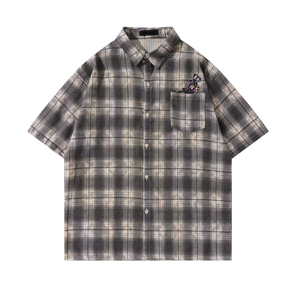 Loose Plaid Embroidered Butterfly Shirt - MADXMARX