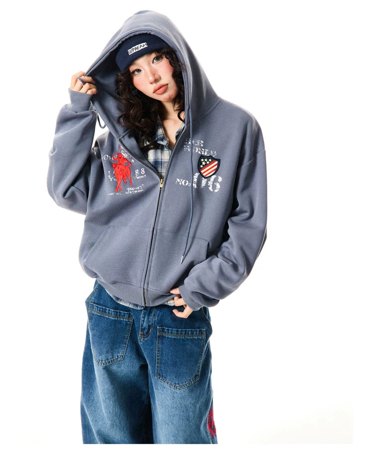 Letter Embroidery Washed Zipper Hoodie