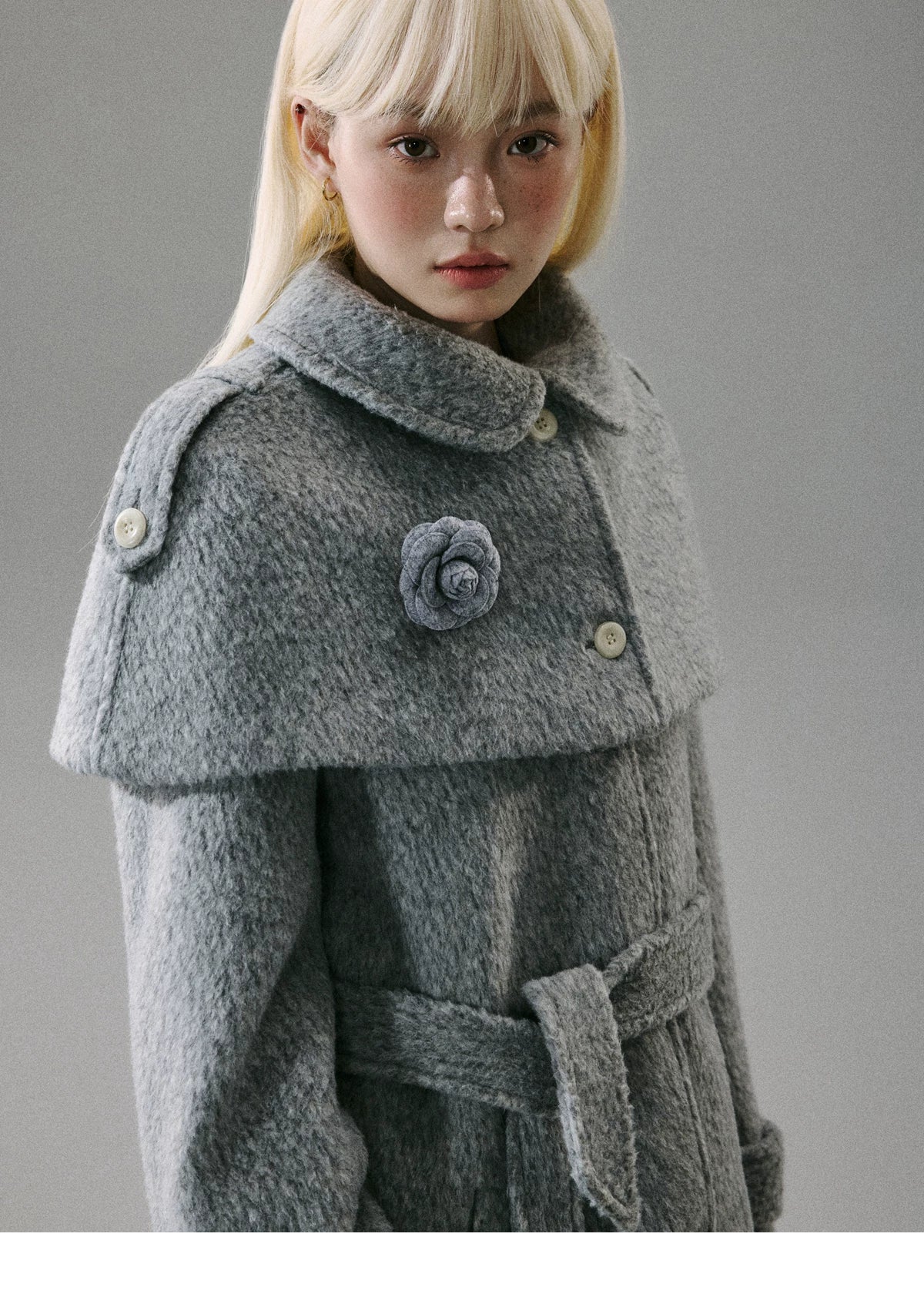 Cape Collar & Flower Detail Belted Coat
