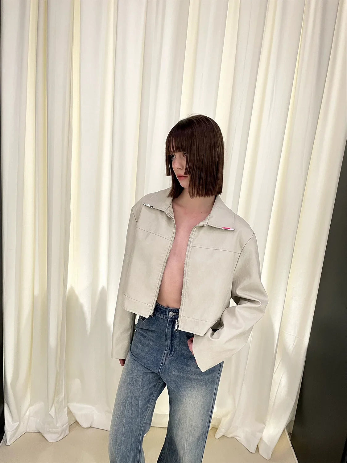 Cropped PU Leather Jacket