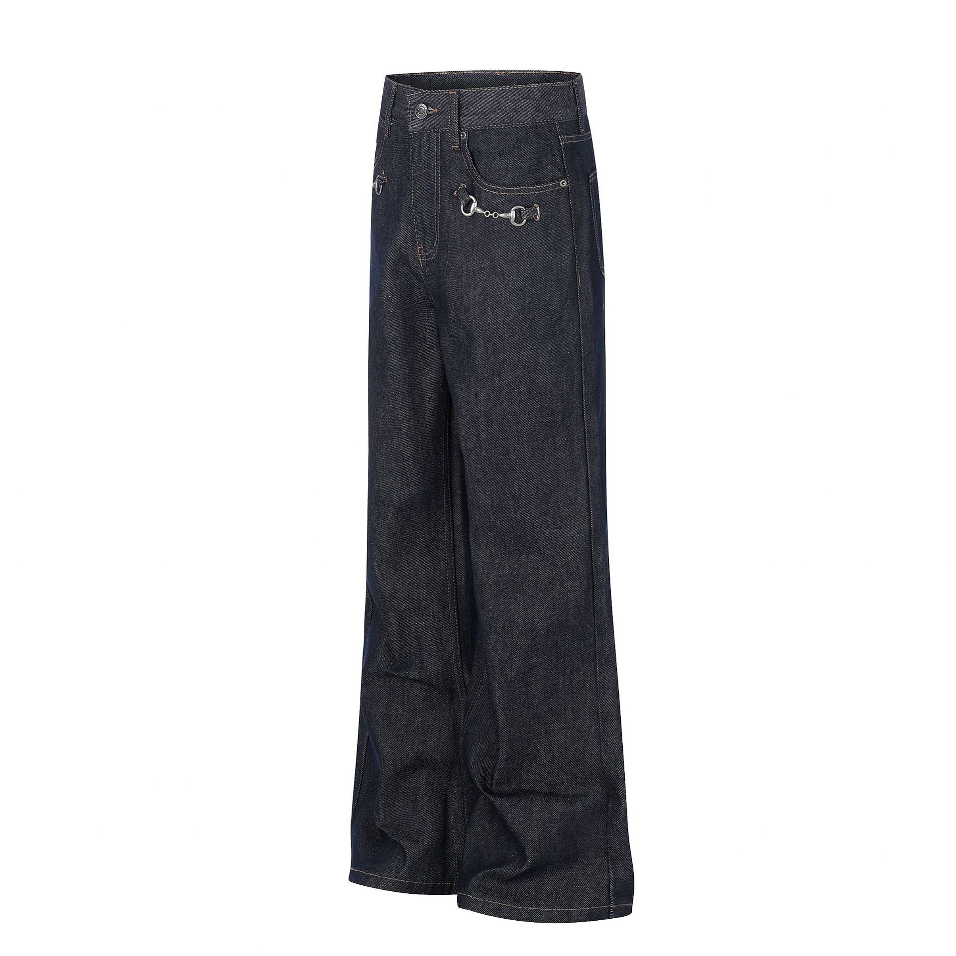 Washed Metal Buckle Wide Leg Denim Jeans