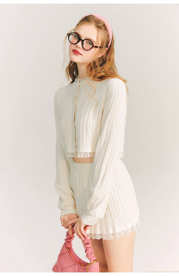 Tulip Button Knit Cardigan & Knit Short Skirt Setup