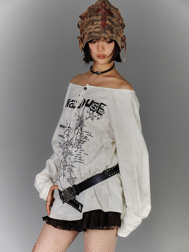 Off-Shoulder Graphic Print Button Long Sleeve T-Shirt