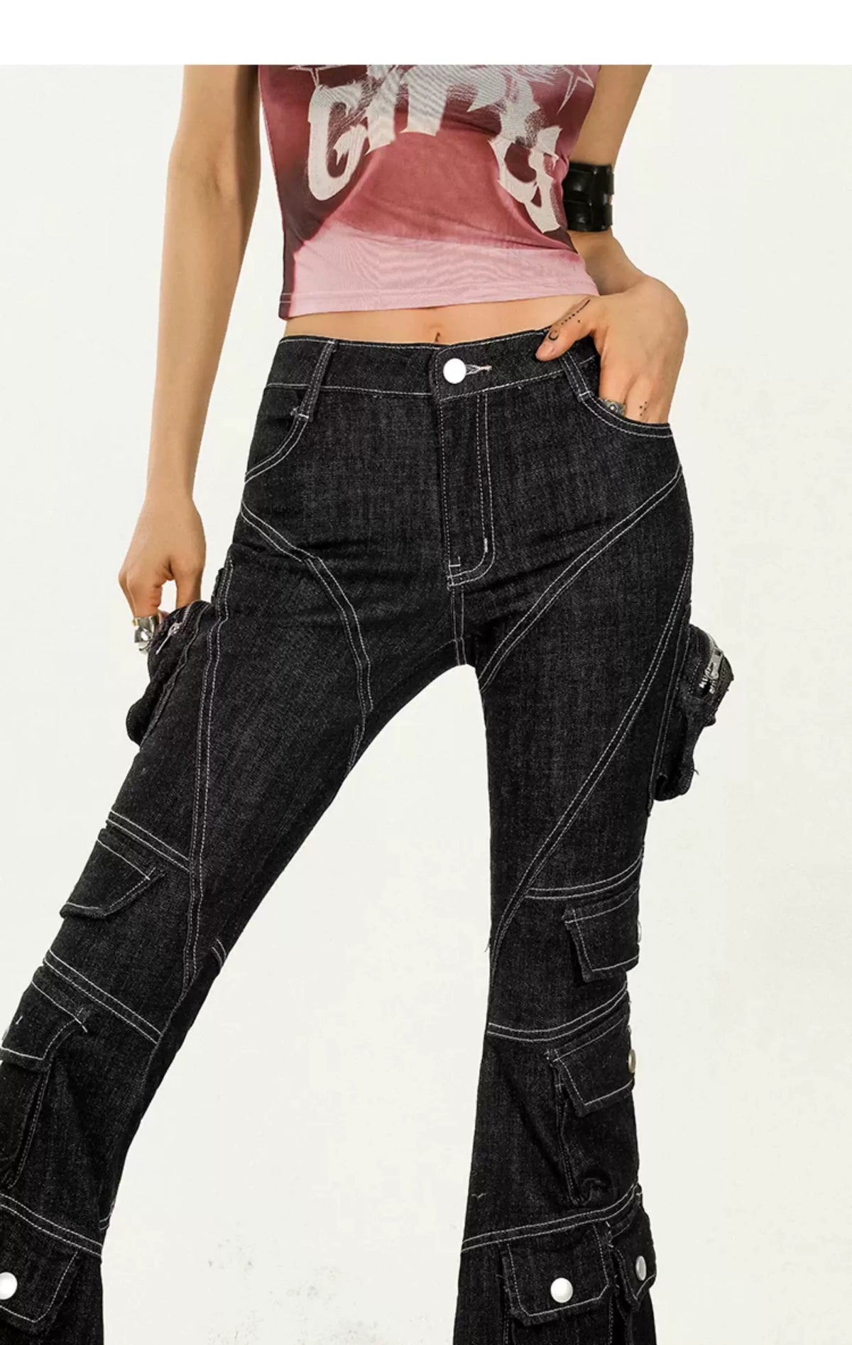Utility Multi-Pocket Flare Cargo Denim Jeans