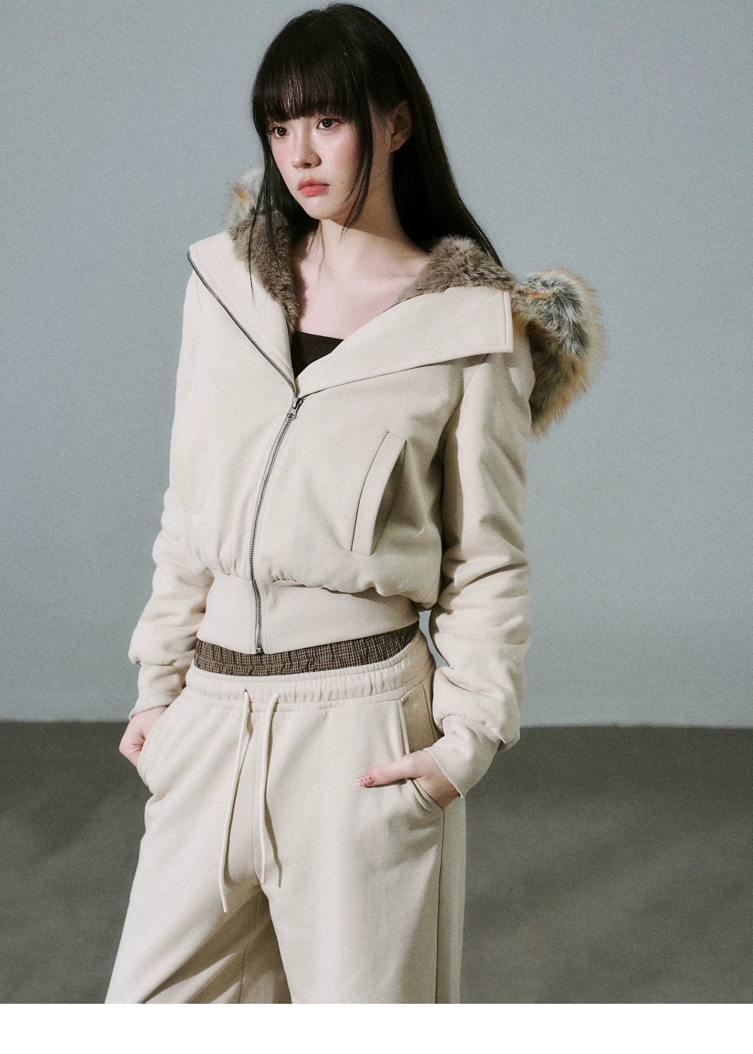 Fake Fur Hooded Zip-Up Jacket & Seatpants Setup