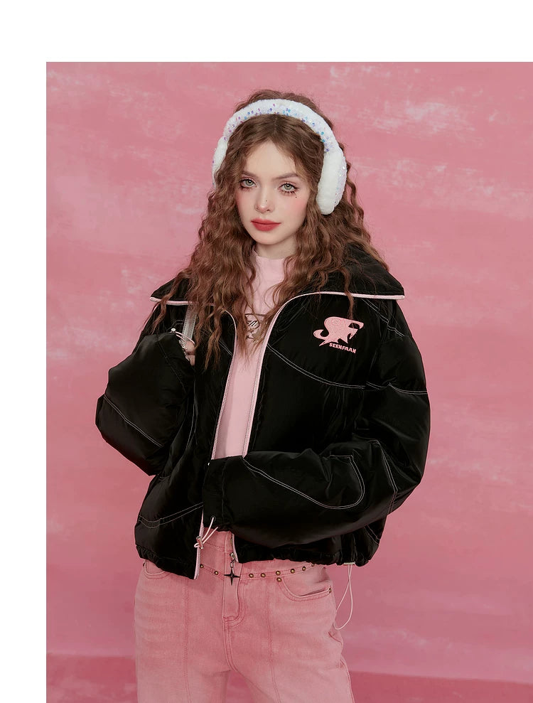 Letter Print High-Neck Short White Duck Down Jacket