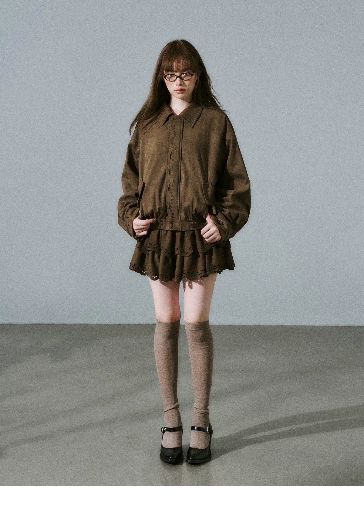 Suede Zipper Jacket & Scalloped Skirt Setup
