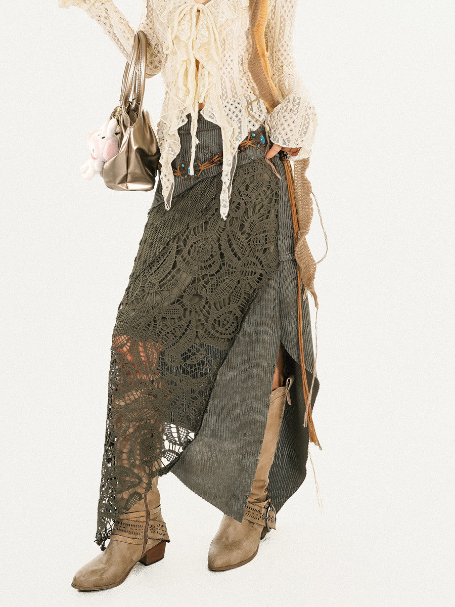 Original Design Heavy Craft Wasteland Knit Patchwork Lace Skirt