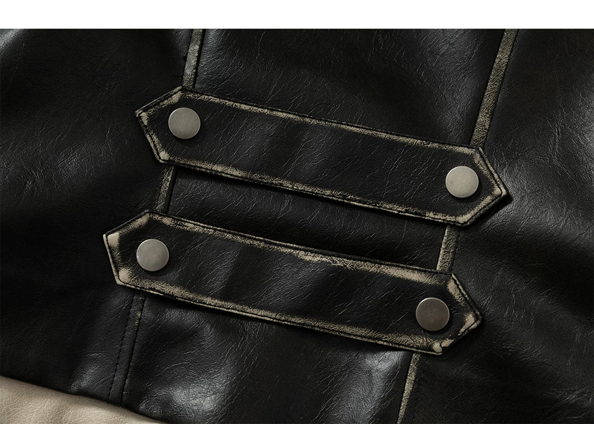 Standing-Collar Belt Detail Fake Fur Cuff PU Leather Jacket