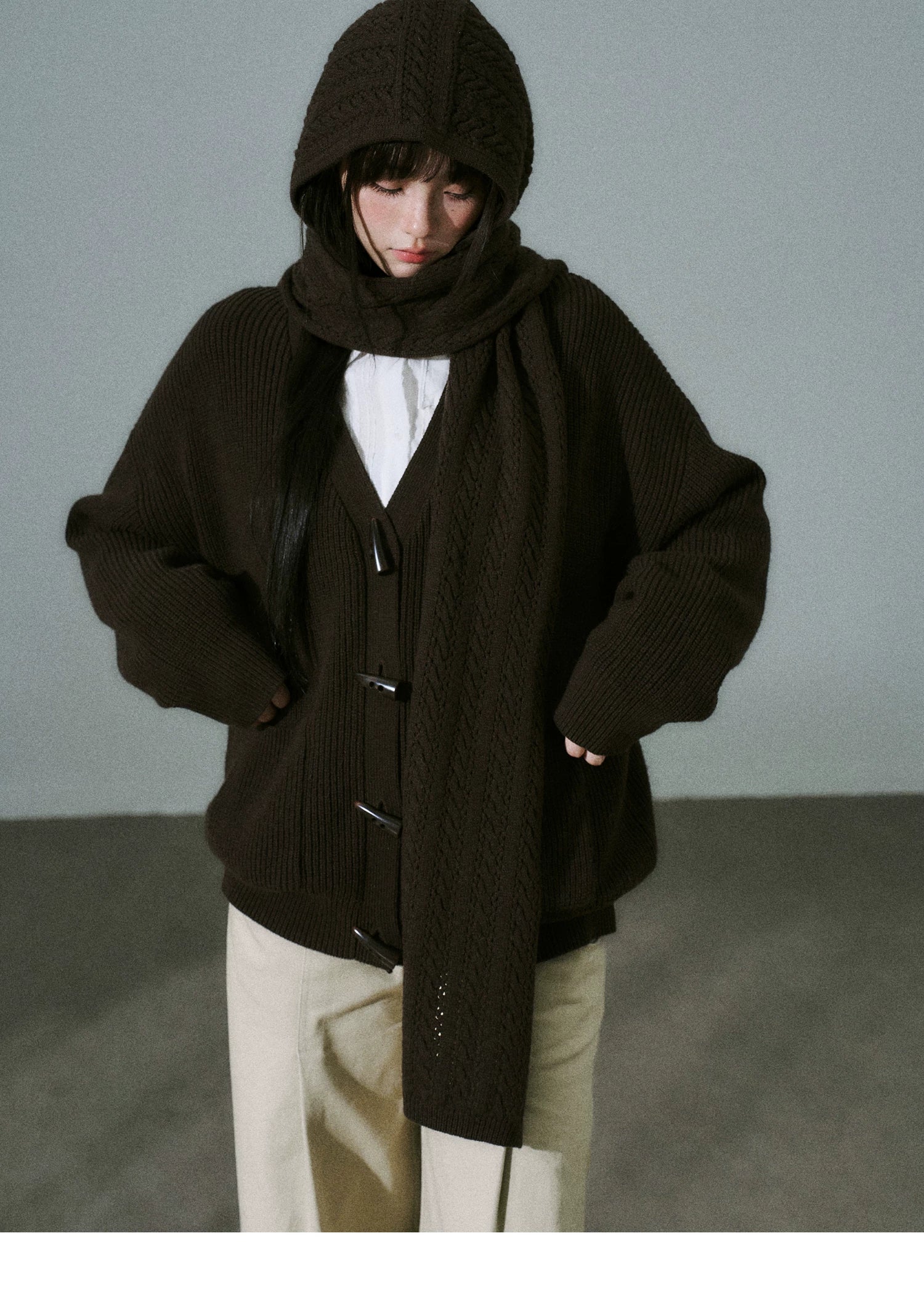 Hooded Horn Button Fleece Lining Knit Cardigan