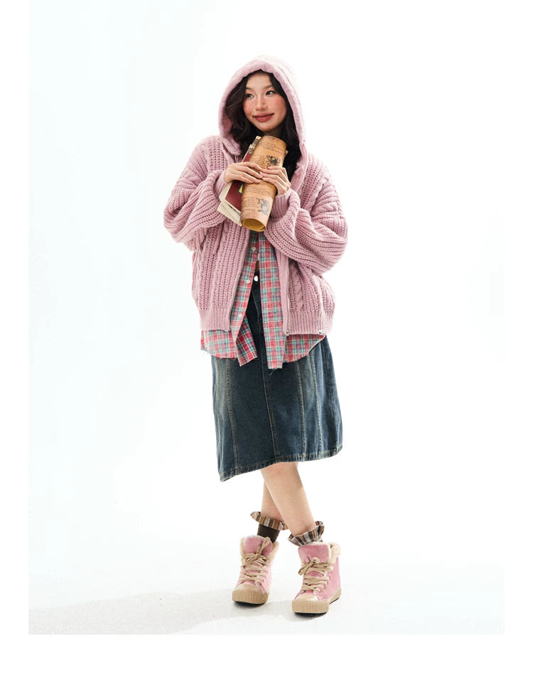 Chunky Knit Zipper Hooded Oversize Cardigan