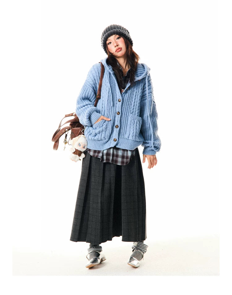 Hooded Button Oversize Cable Knit Cardigan