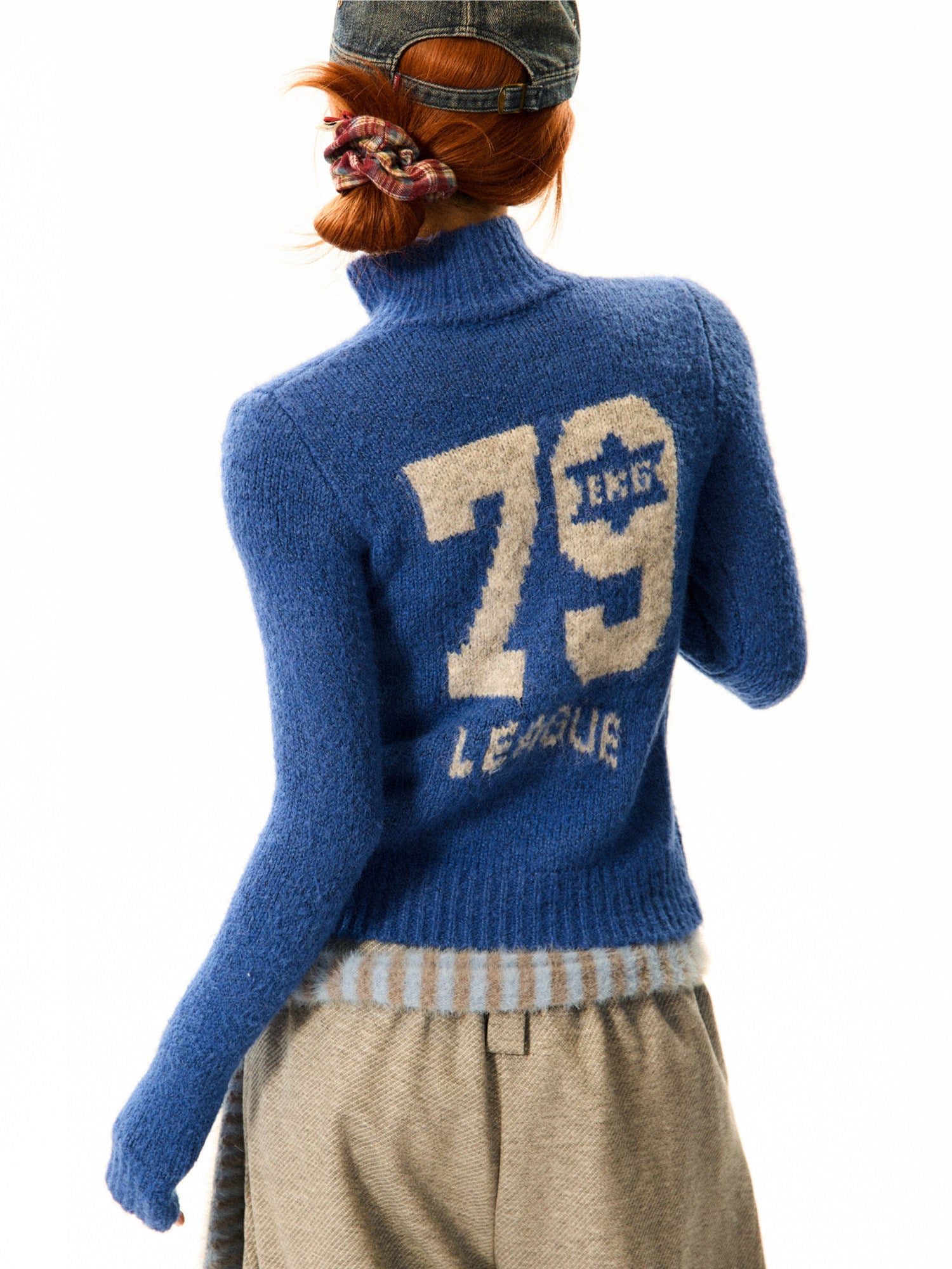 Number Patch Knit Zipper Stand Neck Cardigan