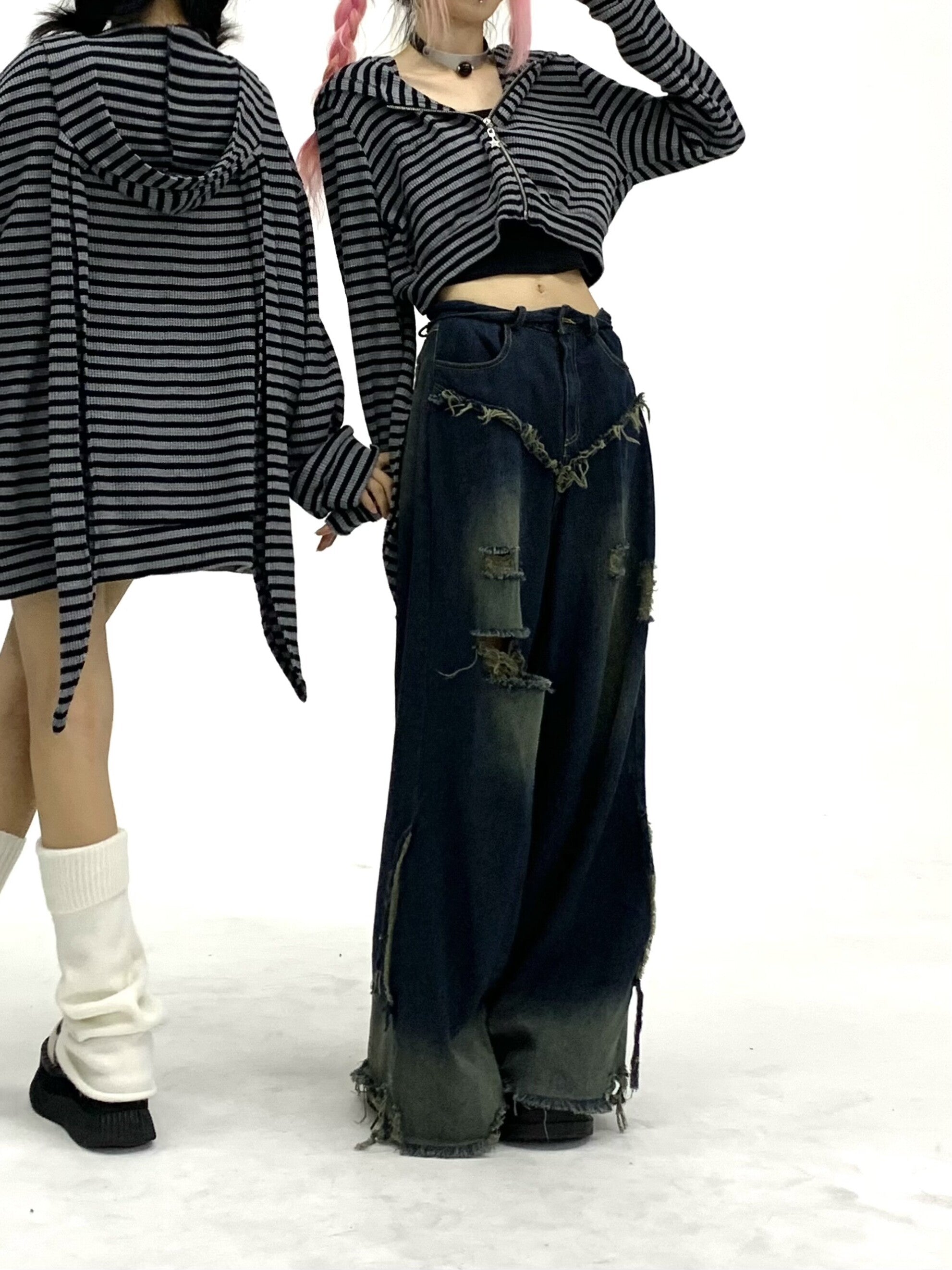Striped Rabbit Ear Oversize Zipper Jacket & Zipper Coat