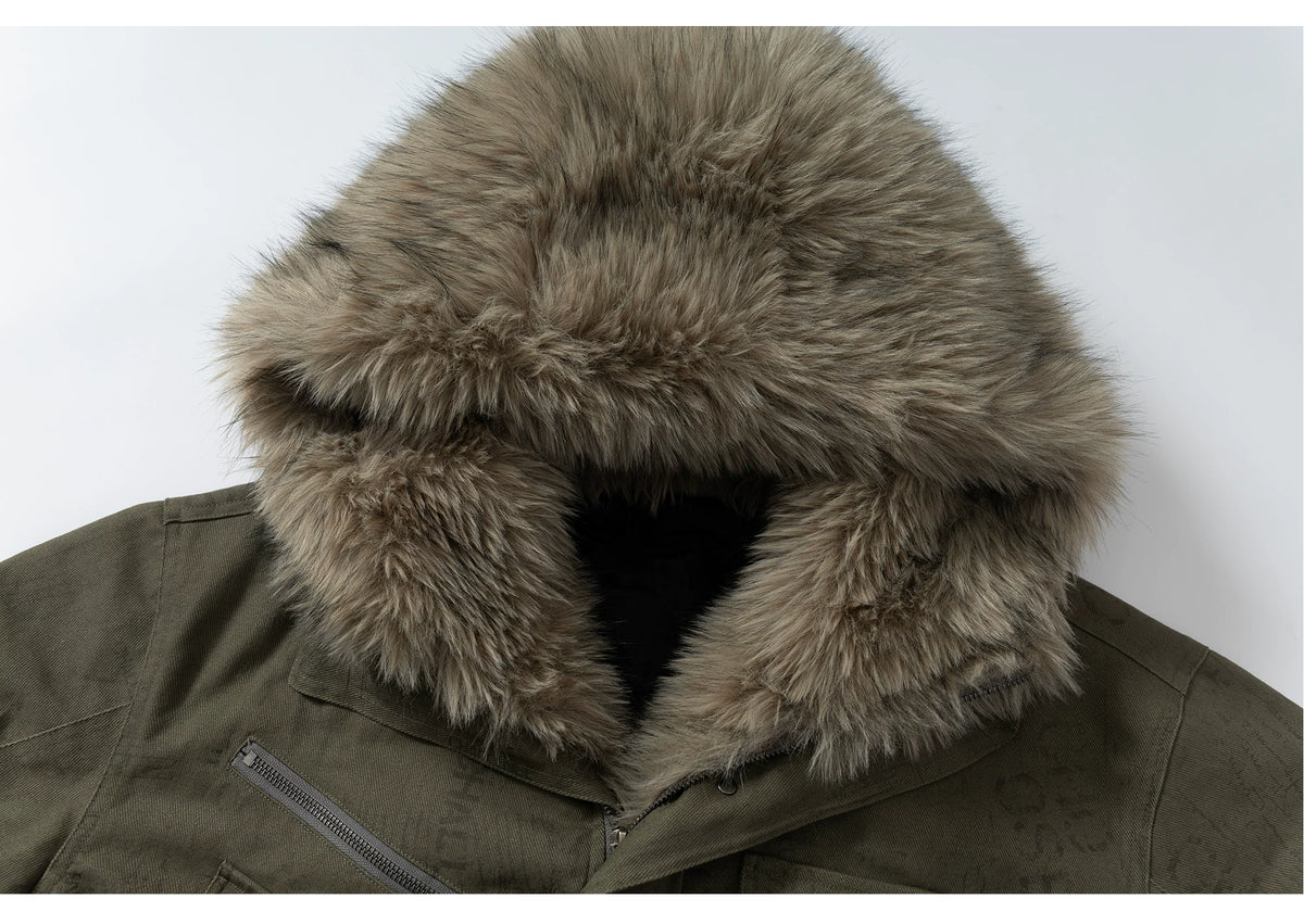 Fake Fur Hooded Multi-Pocket Buckle Detail Jacket