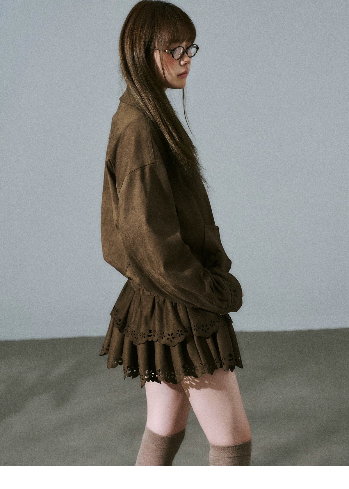 Suede Zipper Jacket & Scalloped Skirt Setup