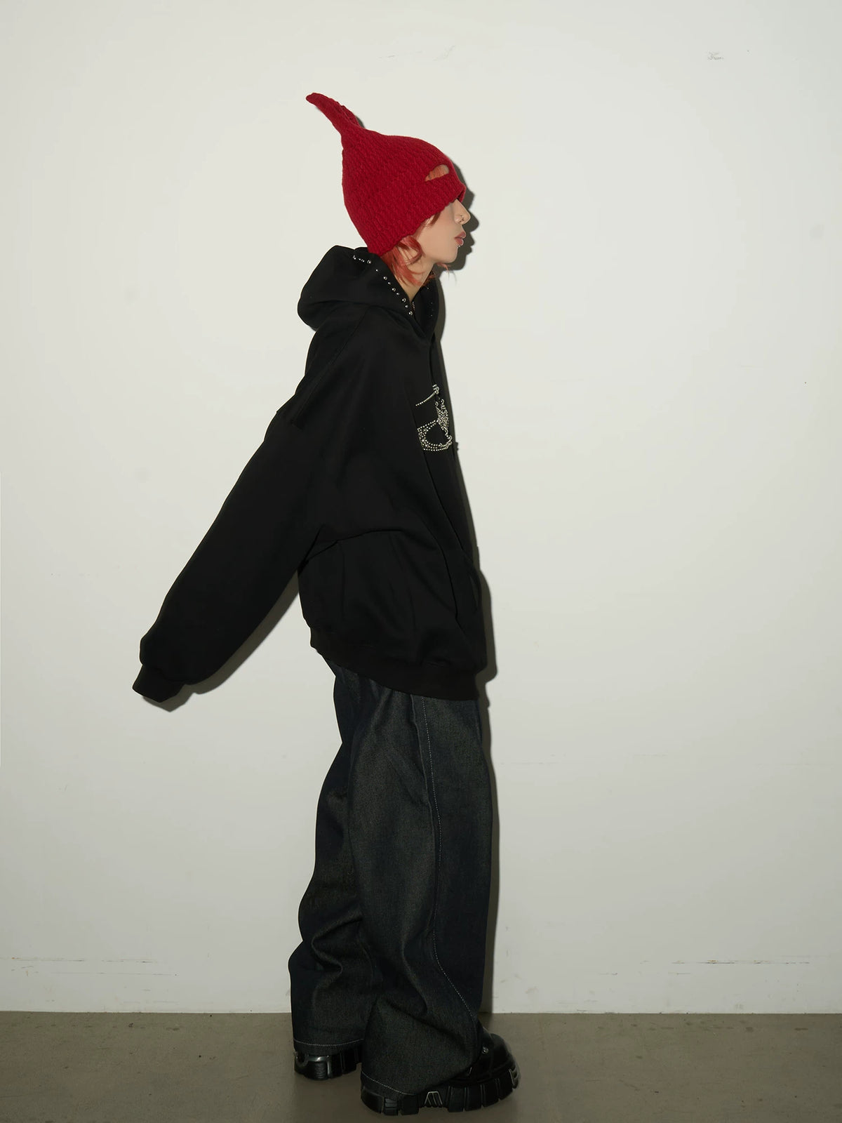 Studded Beaded Design Oversize Pullover Hoodie