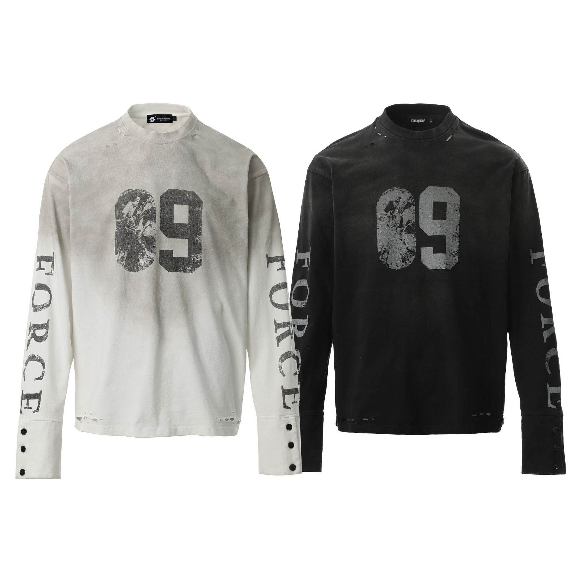 Washed Number Print Damage Long Sleeve T-Shirt