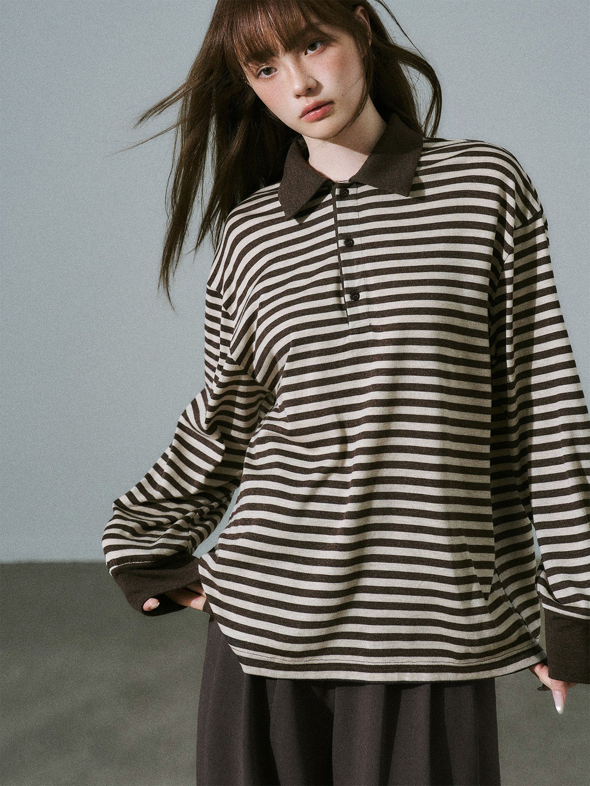 Brown Striped Long Sleeve Polo-Shirt