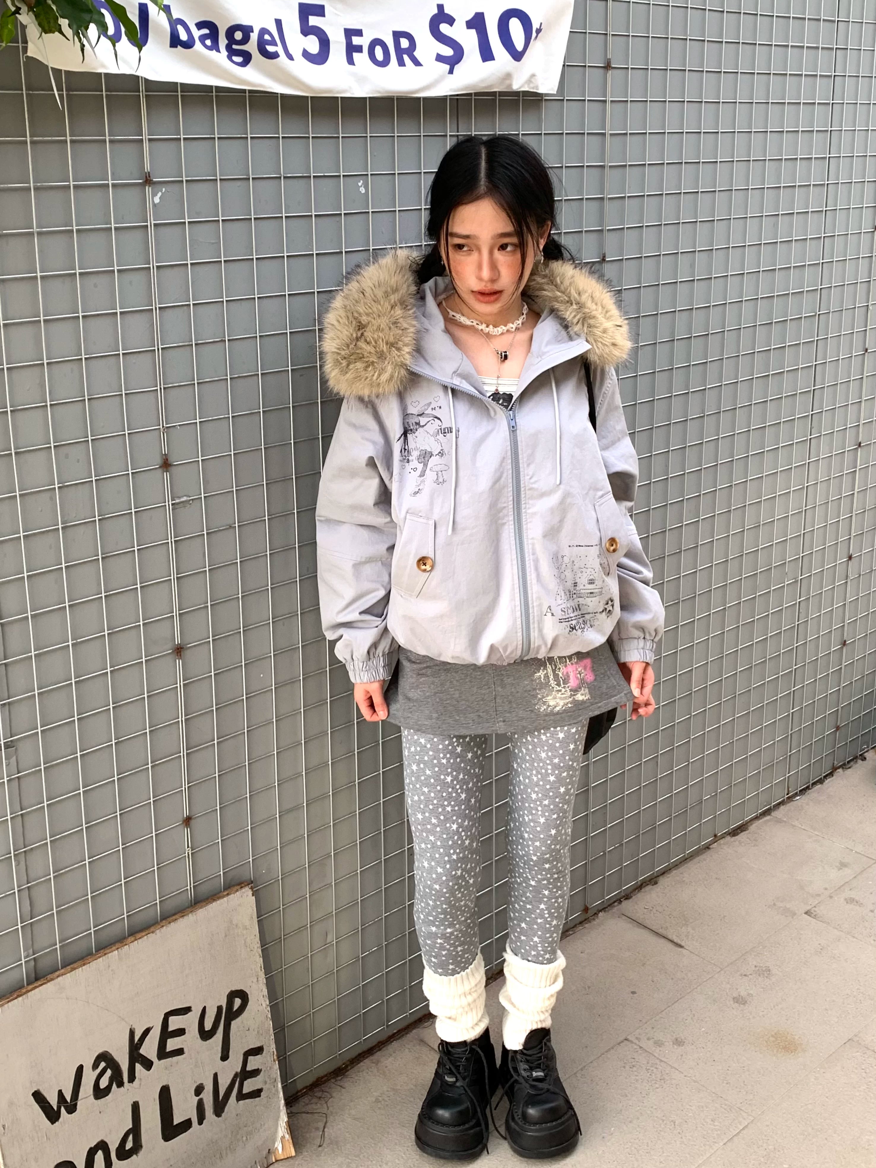Fake Fur Trim Graphic Print Oversize Hooded Jacket