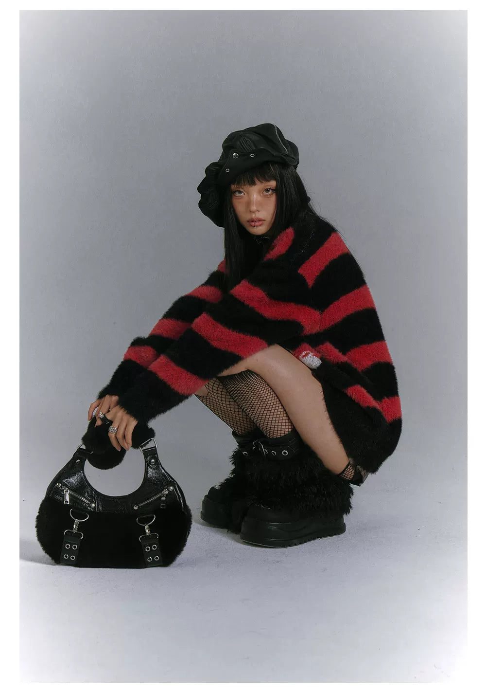Mohair Spider Pattern Stripe Oversize V-Neck Knit Sweater