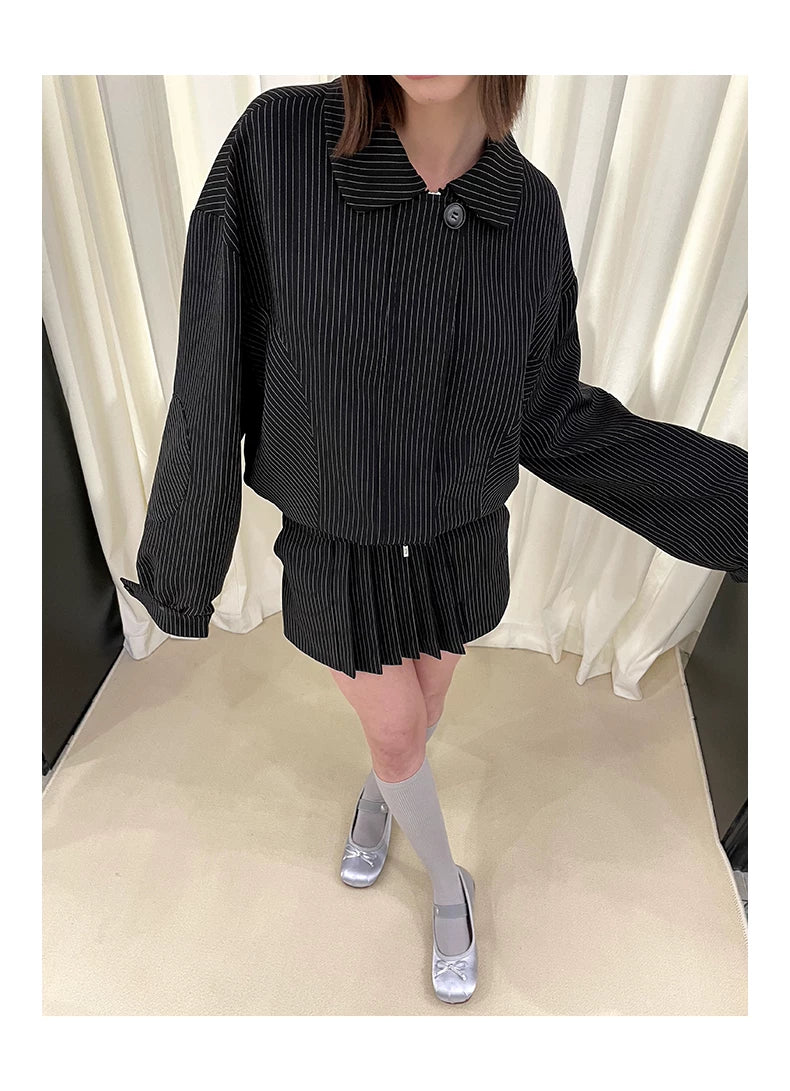 Stripe Polo Collar Jacket & Pleated Short Skirt Setup