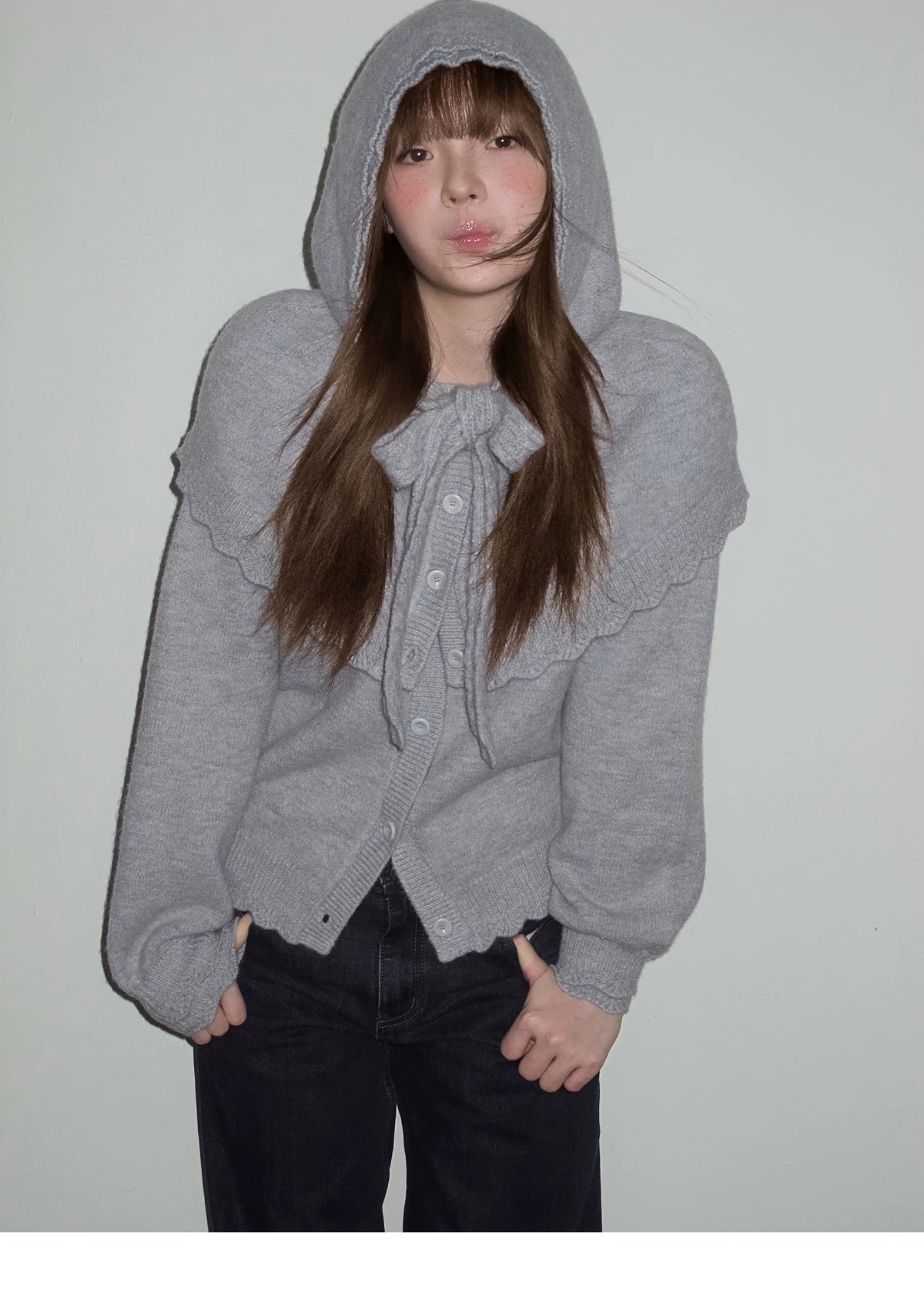 Ruffled Collar And Bow Detail Knit Cardigan