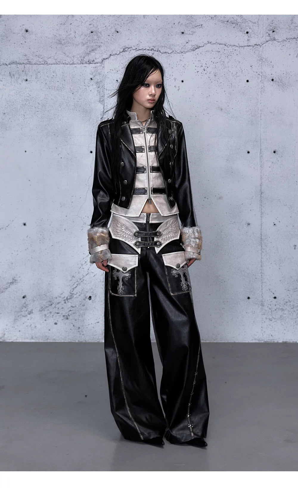 Standing-Collar Belt Detail Fake Fur Cuff PU Leather Jacket