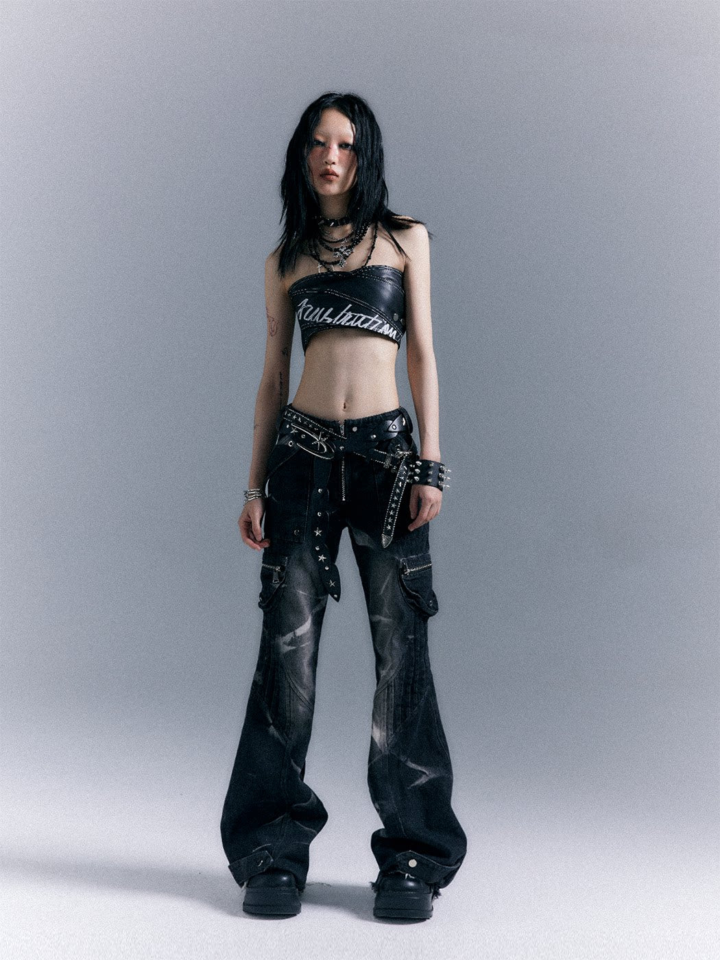 Low-Waist Studs Washed Flare Denim Jeans