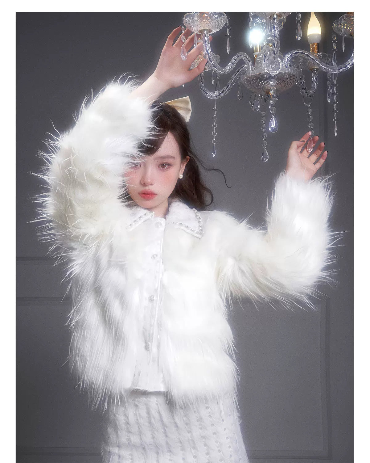 Eco Fur Warm Jacket & Short Skirt & Long Skirt Setup