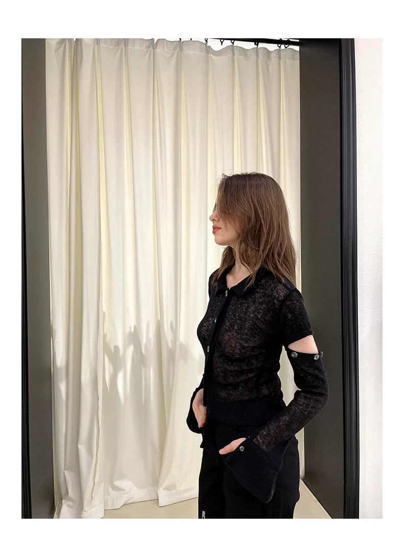 Sheer Detachable Sleeve Polo Knit Cardigan