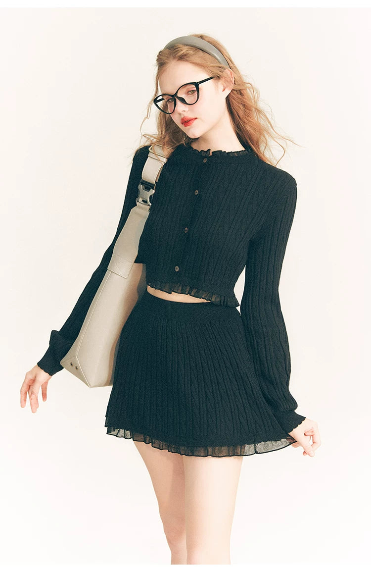 Tulip Button Knit Cardigan & Knit Short Skirt Setup