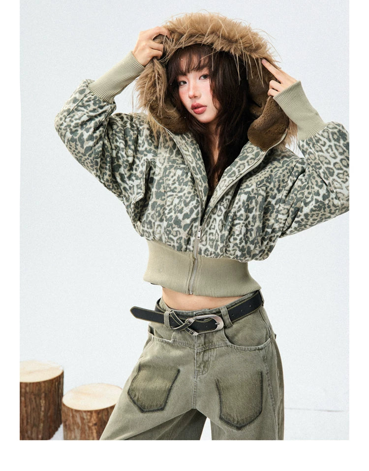 Leopard Print Fur-Trim Hood Puffer Jacket