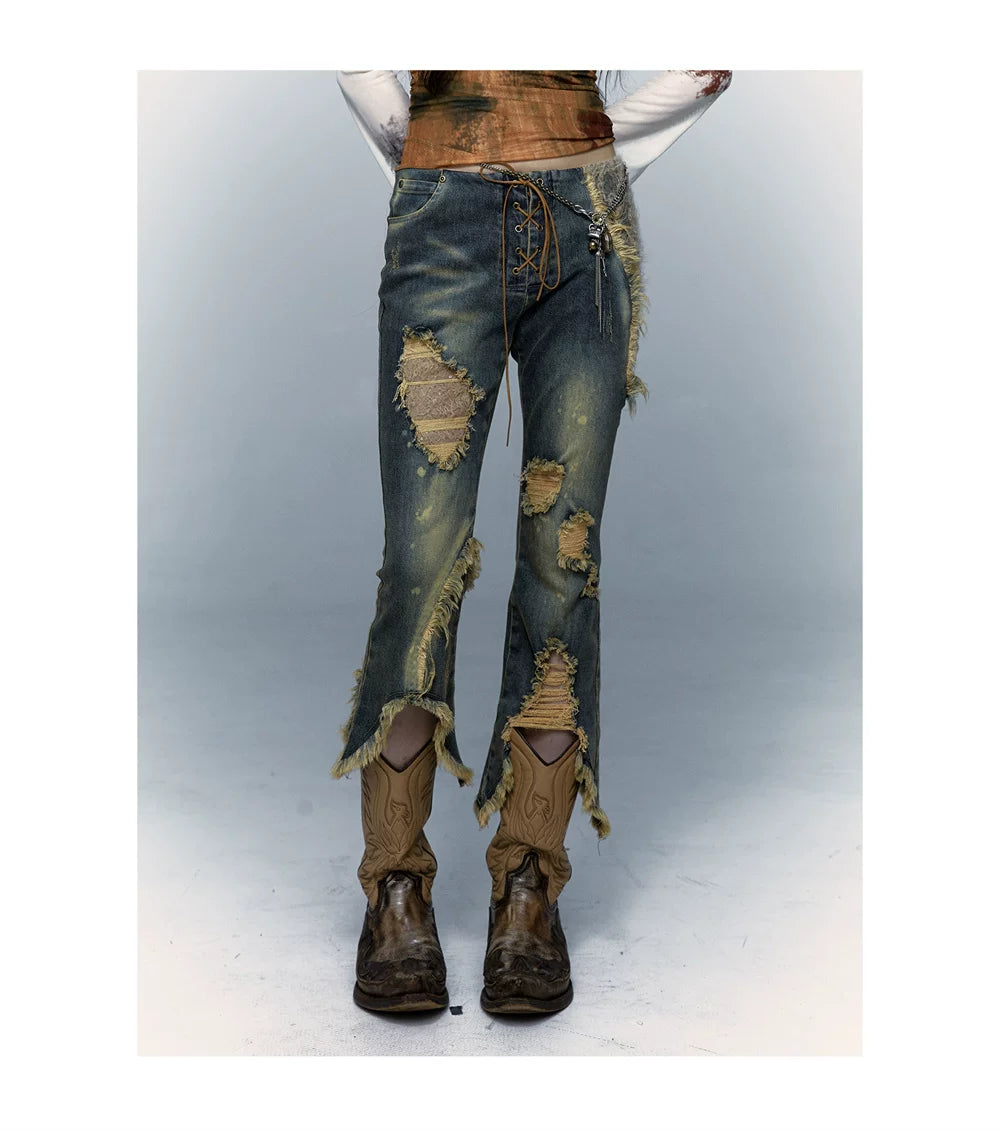 Damage Asymmetric Flare Denim Jeans