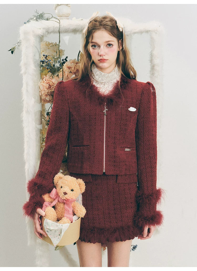 Fur Jacquard Zipper Jacket & Short Skirt Setup