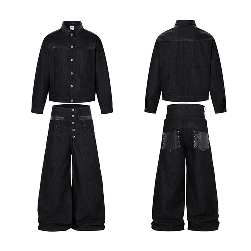 Leather Patchwork Denim Jacket & Leather Patchwork Wide Leg Denim Jeans Setup - Black / M / jacket