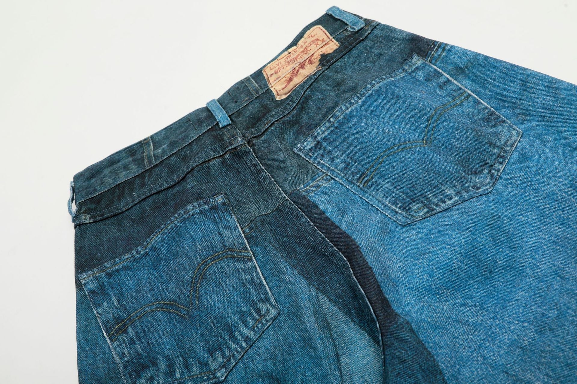 Washed Irregular Print Wide Leg Curved Denim Jeans