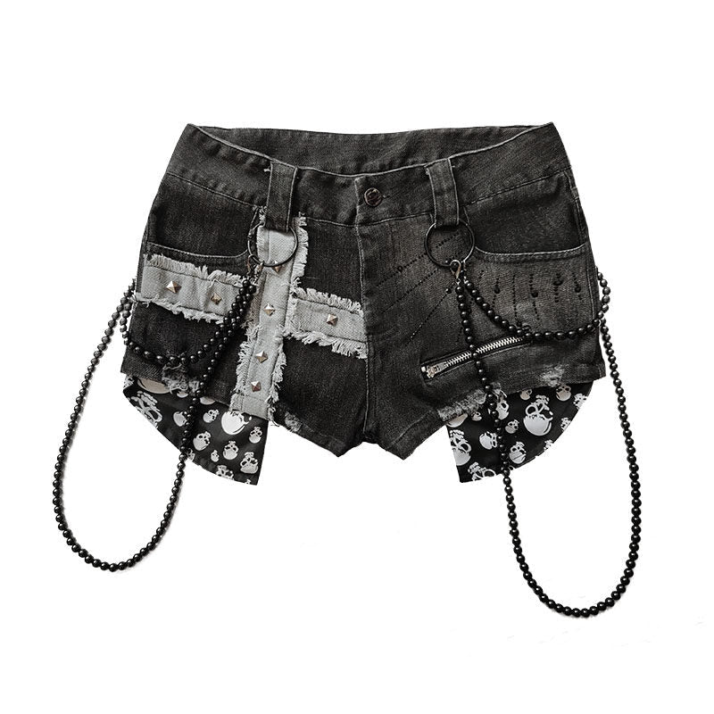 Design Rivet Print Low Waist Denim Short Pants