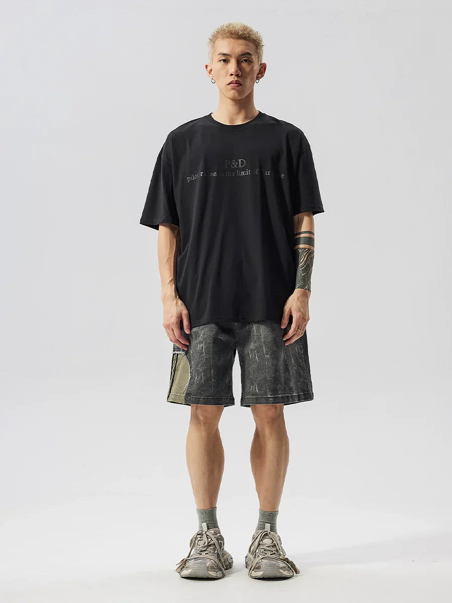 Washed Patchwork Drawstring Wide Leg Short
