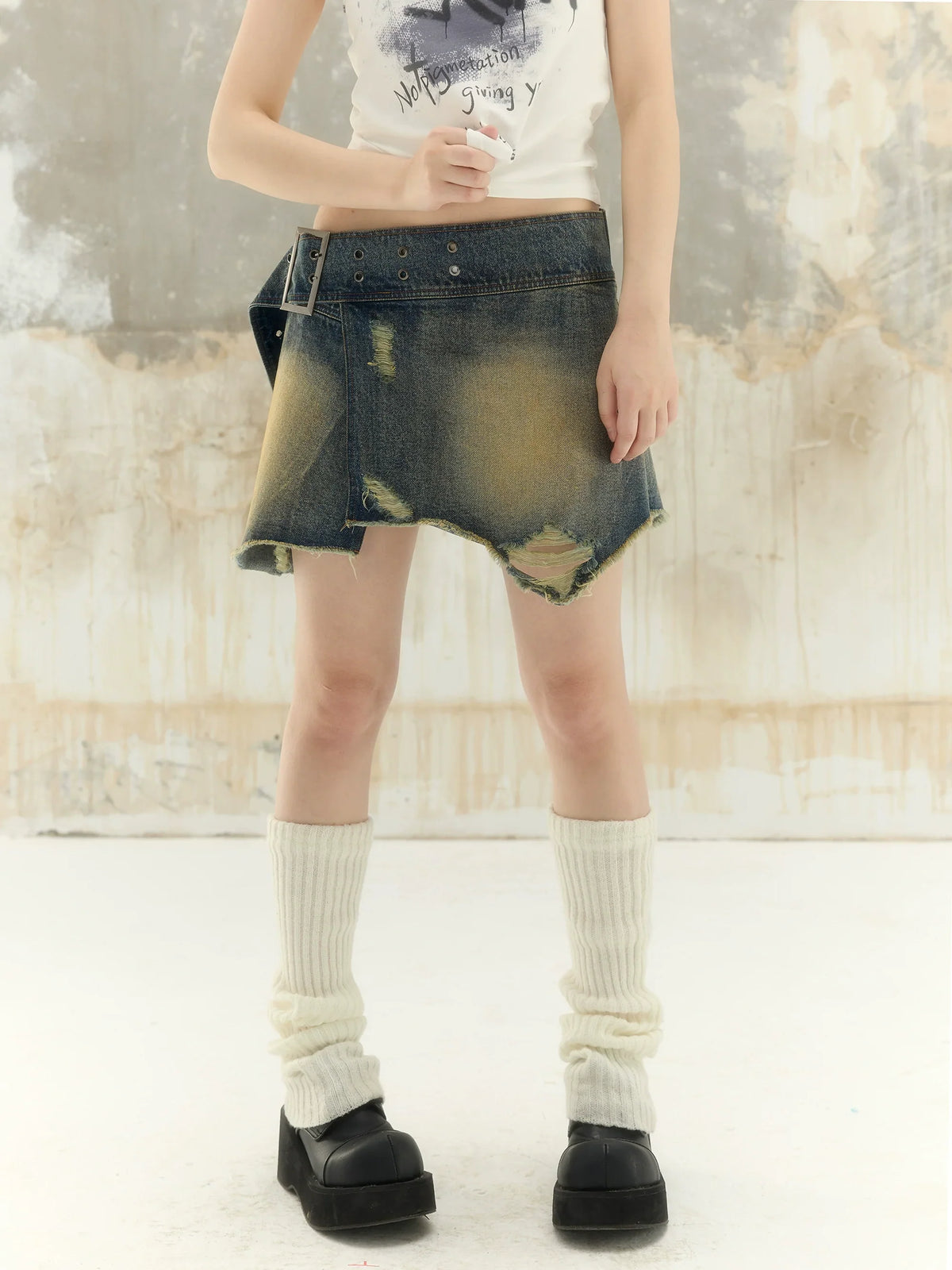 Washed Asymmetrical Adjustable Denim Short Skirt