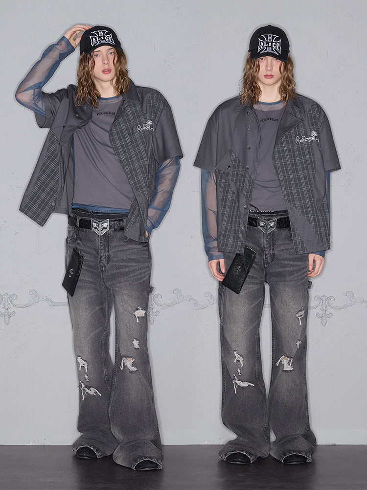 Patchwork Embroidery Asymmetric Oversize Short Sleeve Shirt
