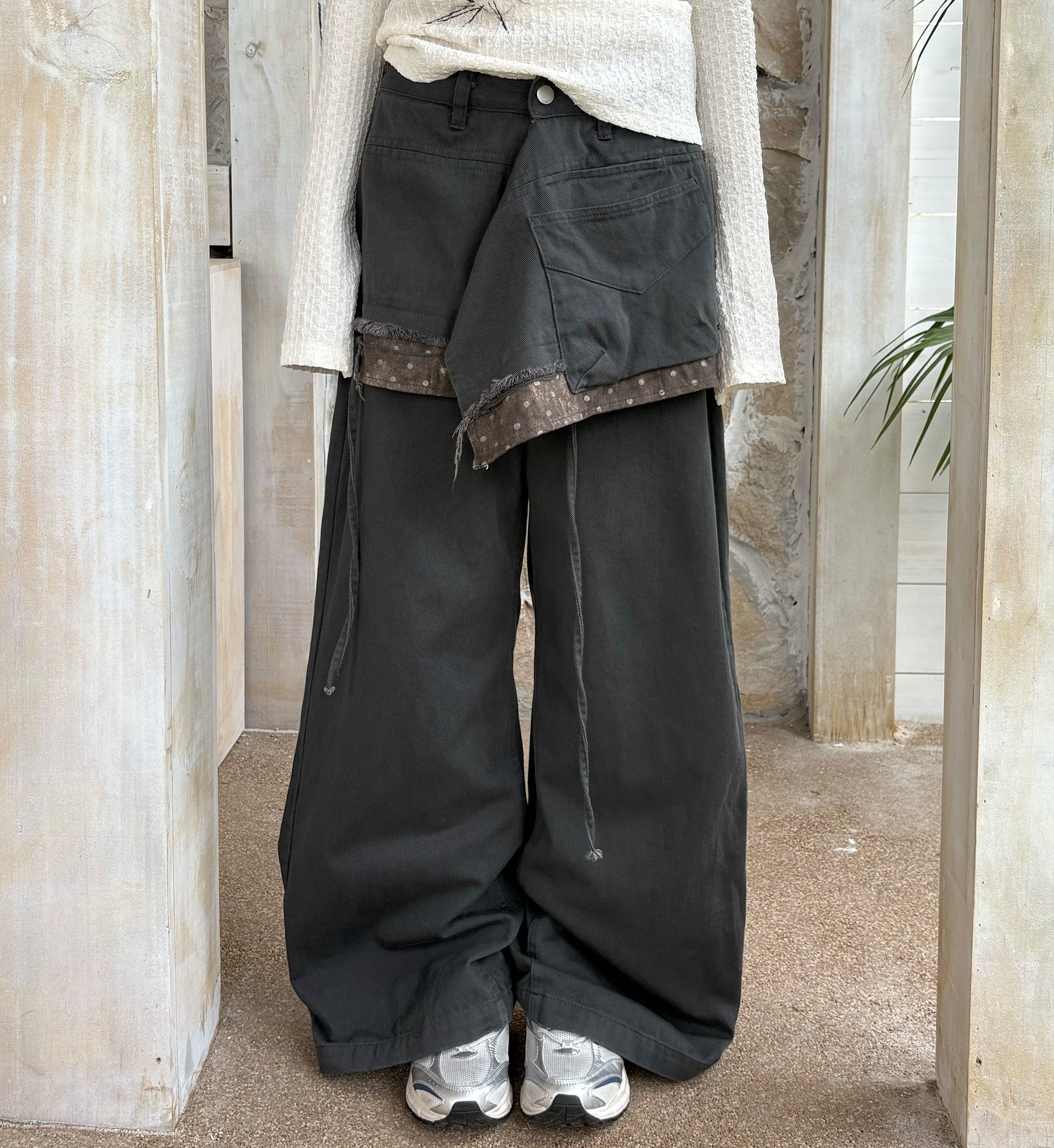 Deconstructed Patchwork Polka Dot Low Waist Wide Leg Denim Jeans