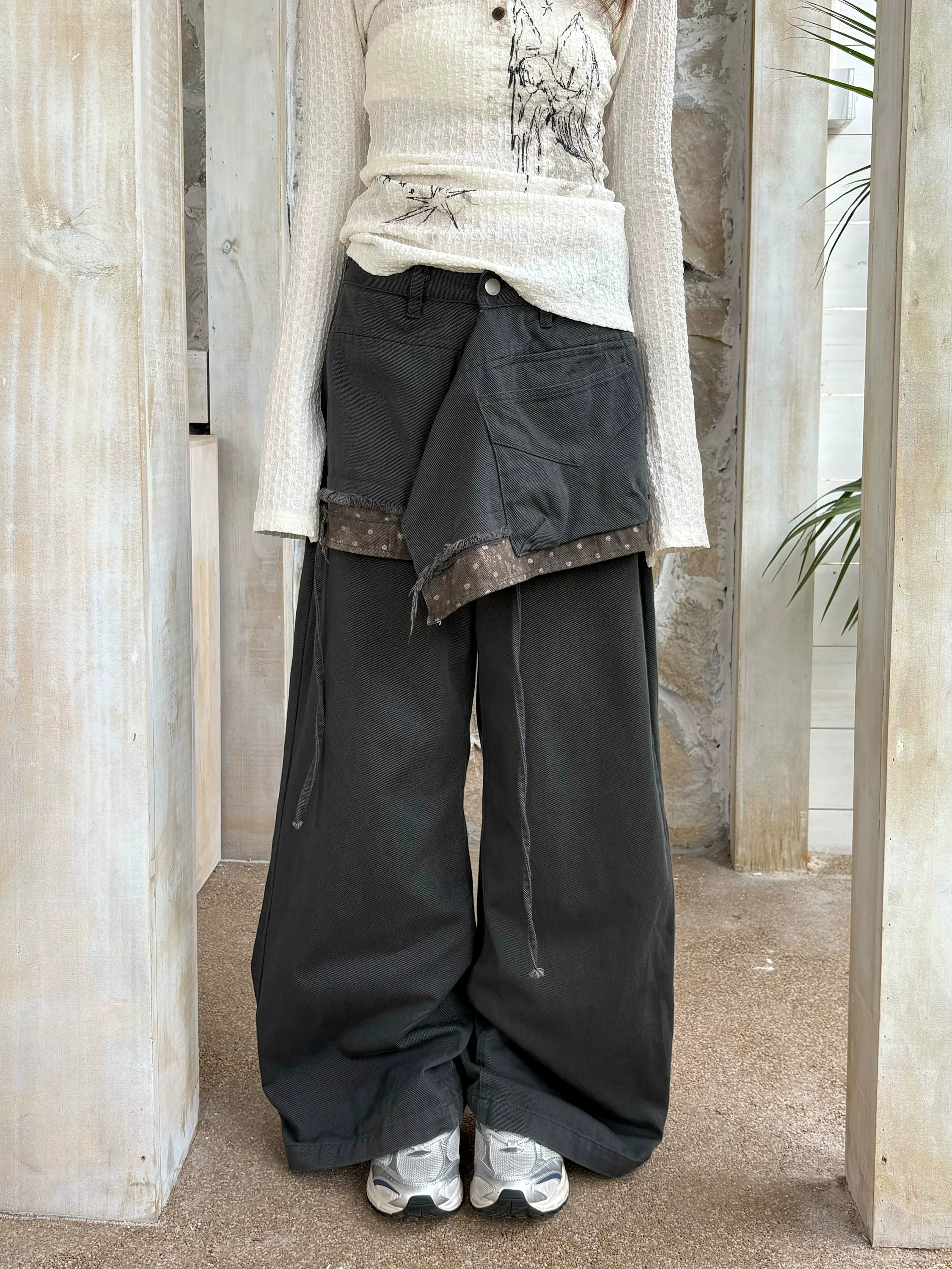 Deconstructed Patchwork Polka Dot Low Waist Wide Leg Denim Jeans