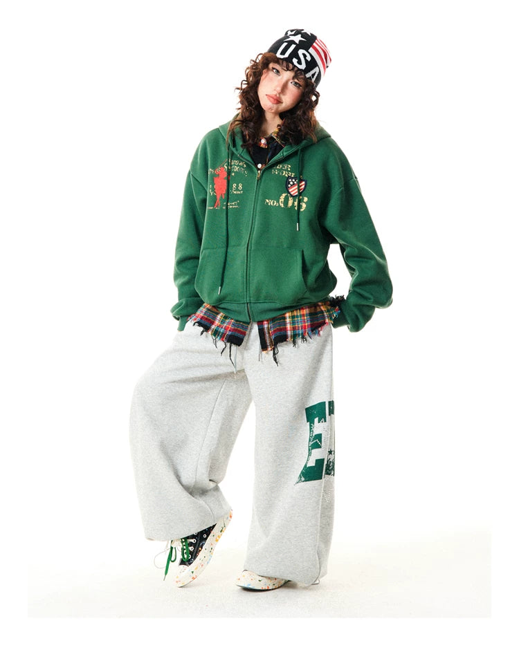 Letter Embroidery Washed Zipper Hoodie