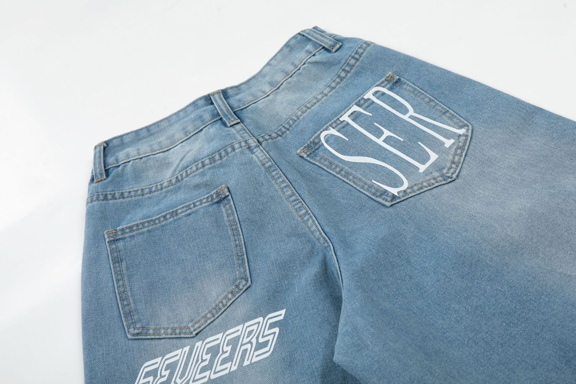 Washed Letter Print Wide Leg Denim Jeans