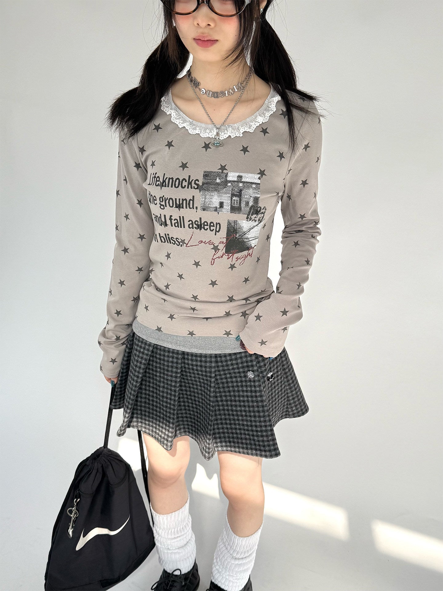 Star Print Lace Trim Fitted Long Sleeve T-Shirt