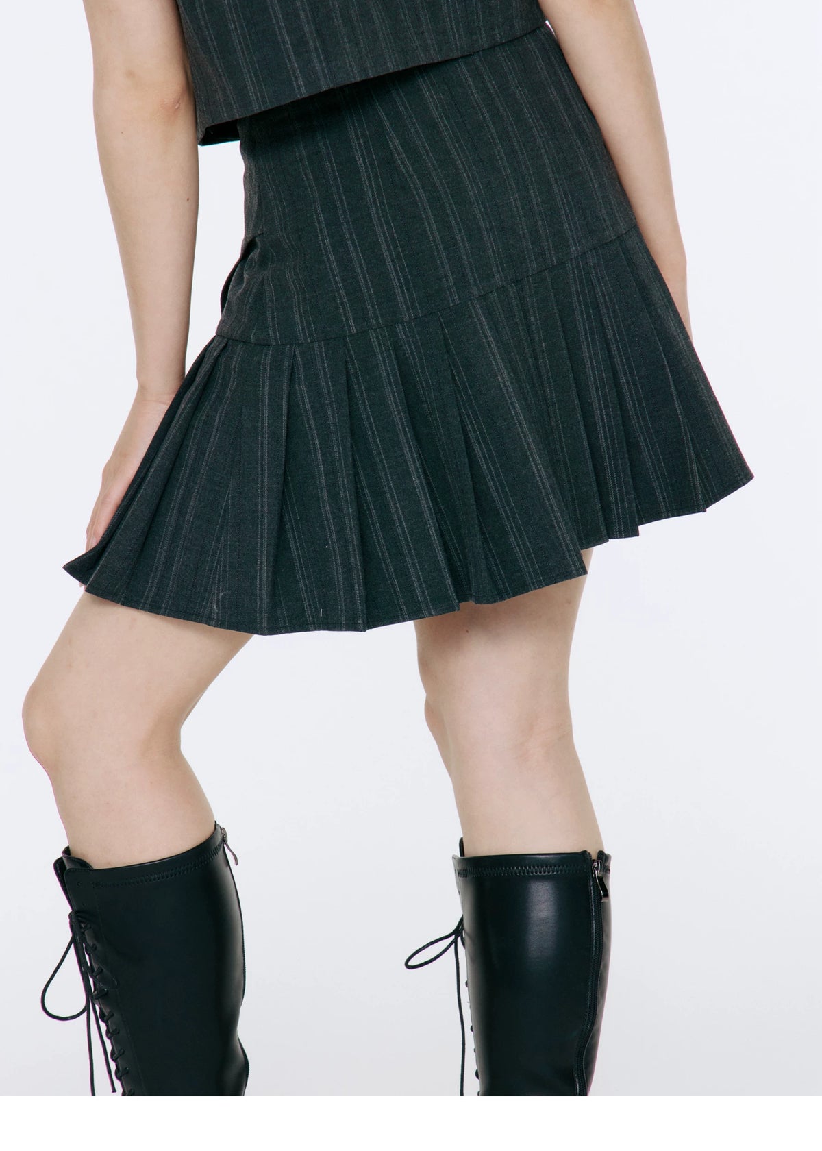 Bow Detail Pinstripe Cropped Shirt & Pleated Skirt Setup