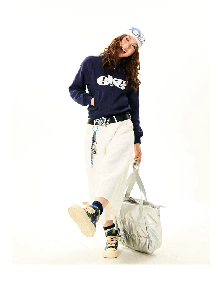 Letter Print Fitted Zipper Hoodie